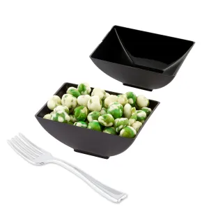 100 3 oz Rectangle Black Plastic Small Architetto Bowls and 100 Silver Plastic 4" Mini Forks