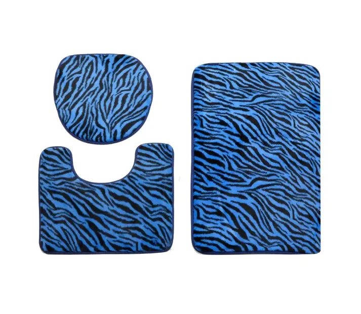 3 PCs Anti Skid Commode Mat Set-Blue Zebra Print