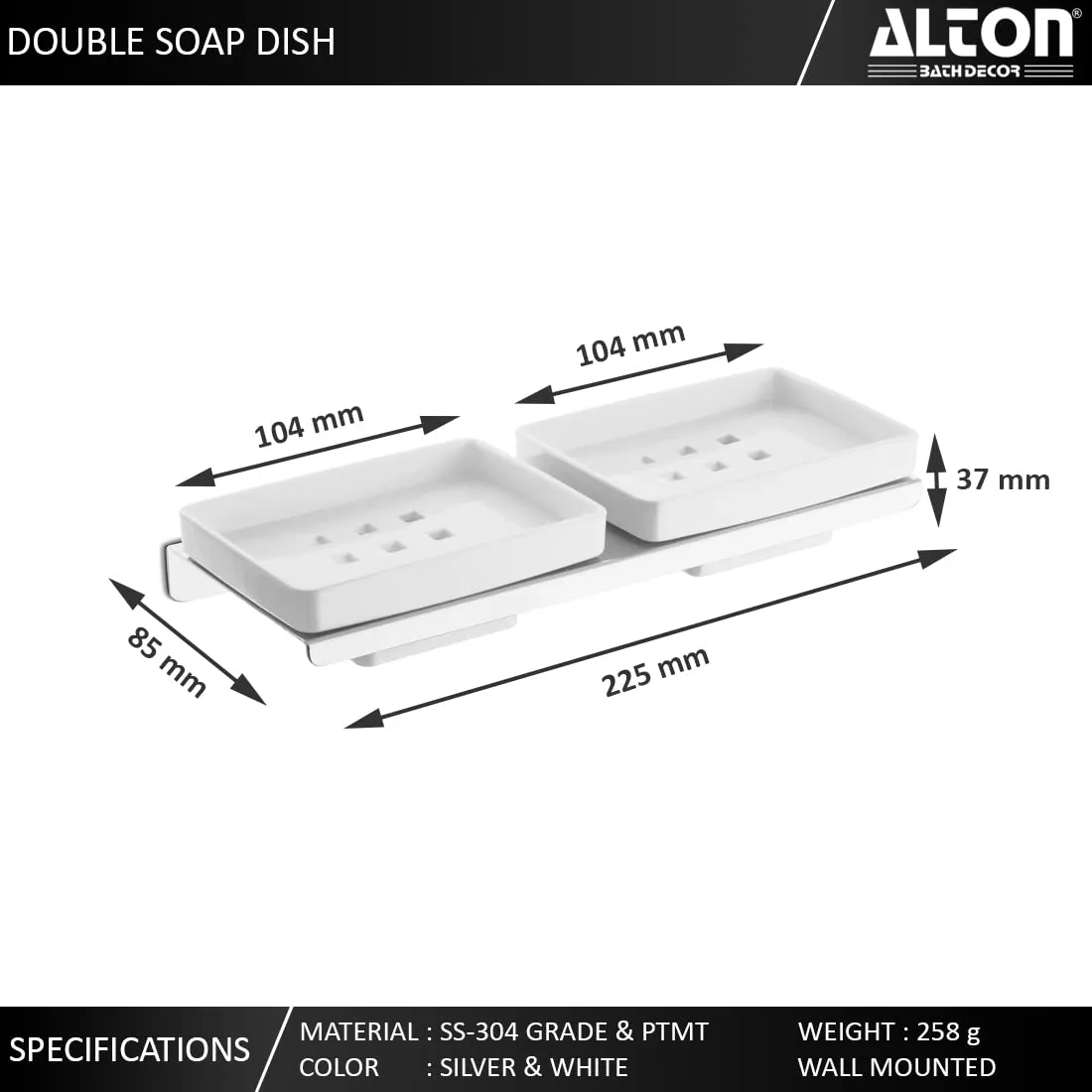 ALTON AQB9203 SS-304 Grade, Double Soap Dish, Wall Mounted, Black (Silver)