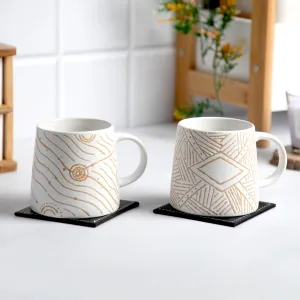 Anko Waluvin stoneware mugs with sturdy handle - Set of 2 | Stylish tumblers with embossed boho design for home, kitchen, gifting | Microwave safe Cups for tea/coffee/juice | 400mL each, White & Beige