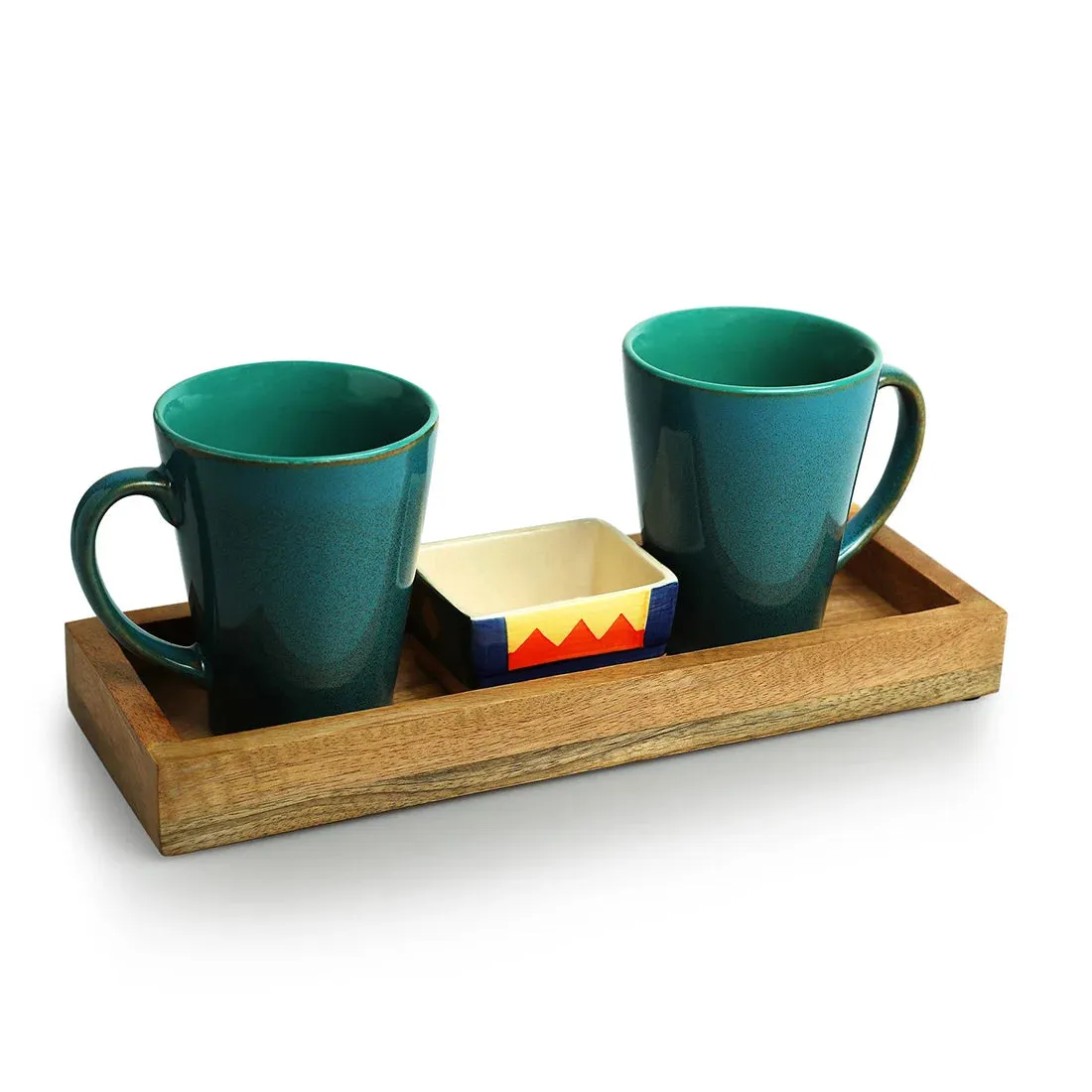 'Blues Of Sky-Geometric Landscape' Ceramic Tea & Coffee Mugs With Nut Bowl & Wooden Tray (320 ml & 80 ml, Hand Glazed & Hand-Painted)