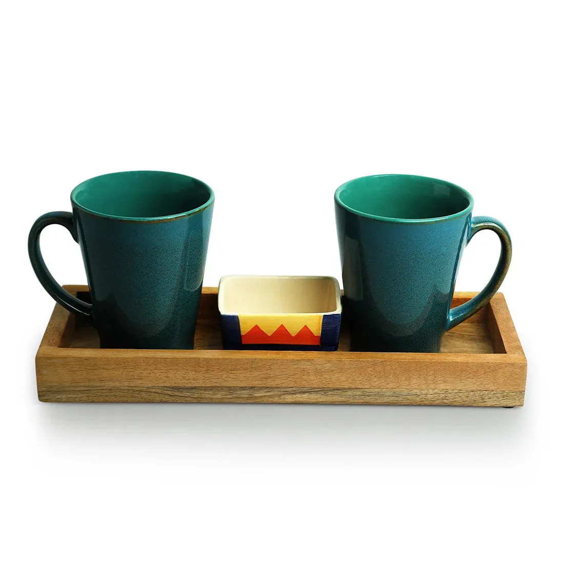 'Blues Of Sky-Geometric Landscape' Ceramic Tea & Coffee Mugs With Nut Bowl & Wooden Tray (320 ml & 80 ml, Hand Glazed & Hand-Painted)