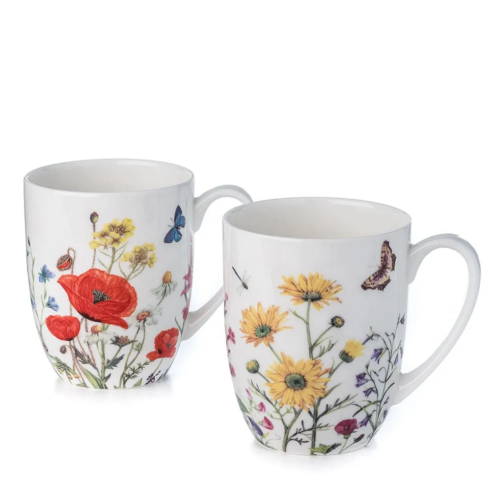 Bone china coffee or tea mugs, wildflowers design, set of 2