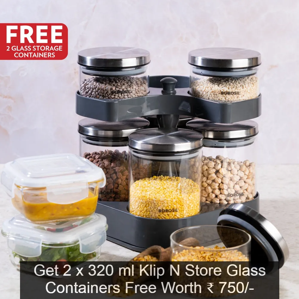 Borosil Borosilicate Glass Storage Jars Spin & Store, Set of 7