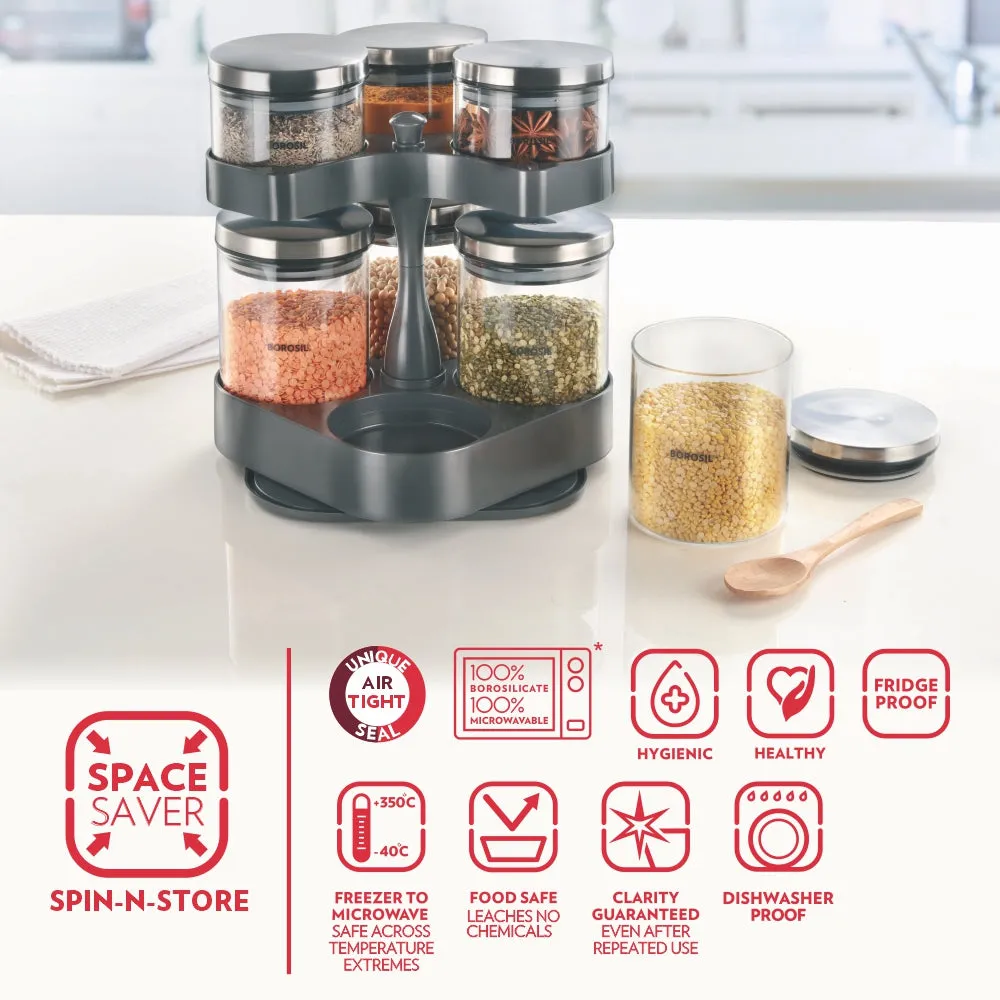 Borosil Borosilicate Glass Storage Jars Spin & Store, Set of 7