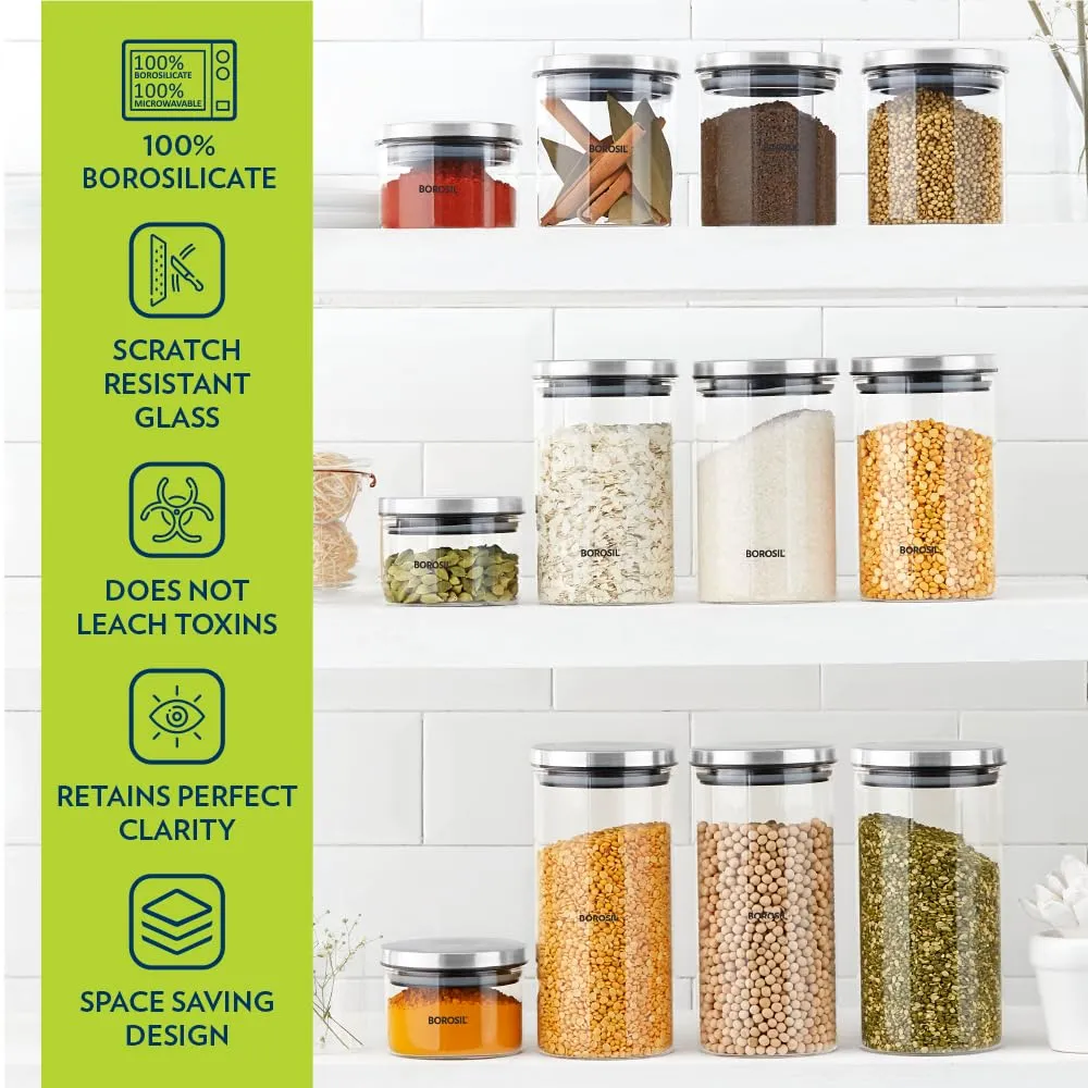 Borosil Classic Glass Jar, Air-Tight Storage Container For Kitchen, Glass Jar For Storing Spices, 600 ml, Clear