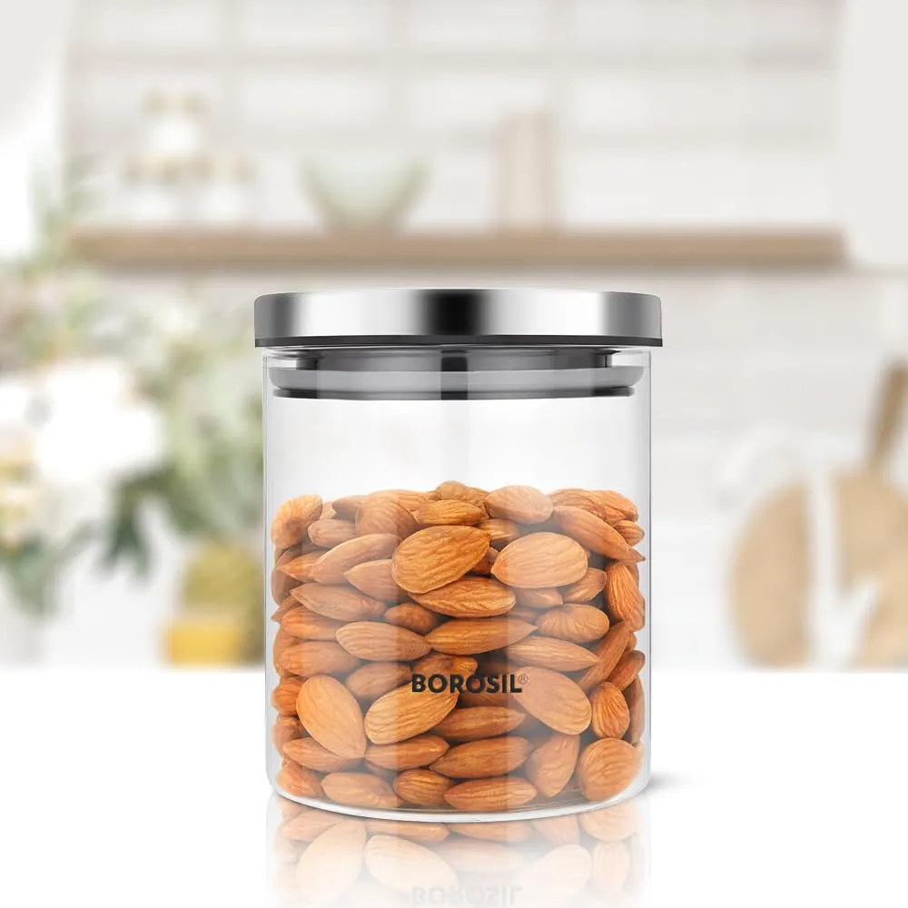 Borosil Classic Glass Jar, Air-Tight Storage Container For Kitchen, Glass Jar For Storing Spices, 600 ml, Clear