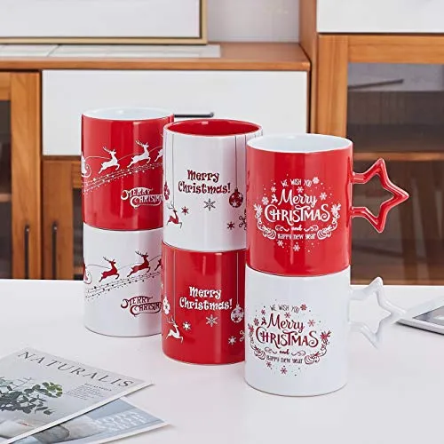 Bruntmor Christmas Coffee Mugs Set of 6 14 Ounce Holiday Novelty Cups Red