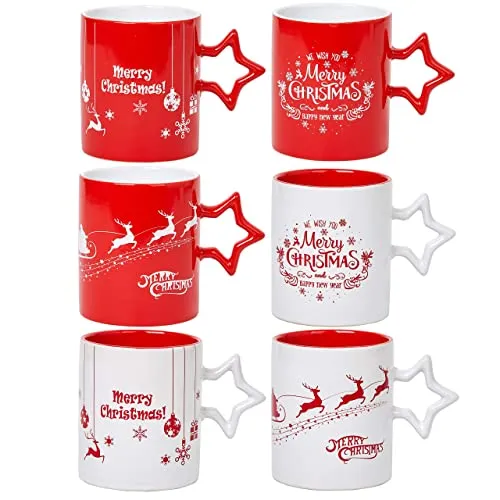 Bruntmor Christmas Coffee Mugs Set of 6 14 Ounce Holiday Novelty Cups Red