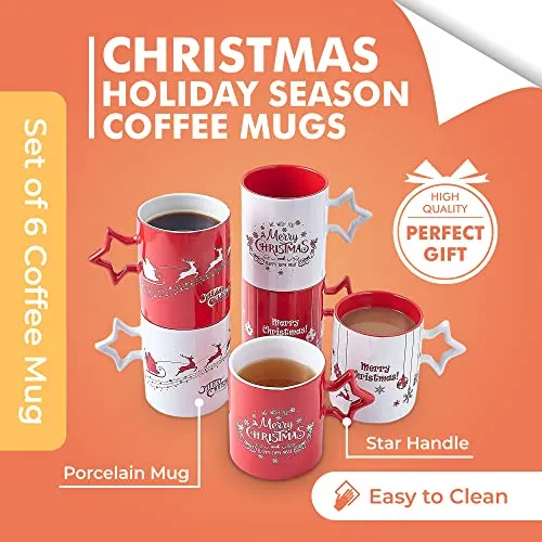 Bruntmor Christmas Coffee Mugs Set of 6 14 Ounce Holiday Novelty Cups Red