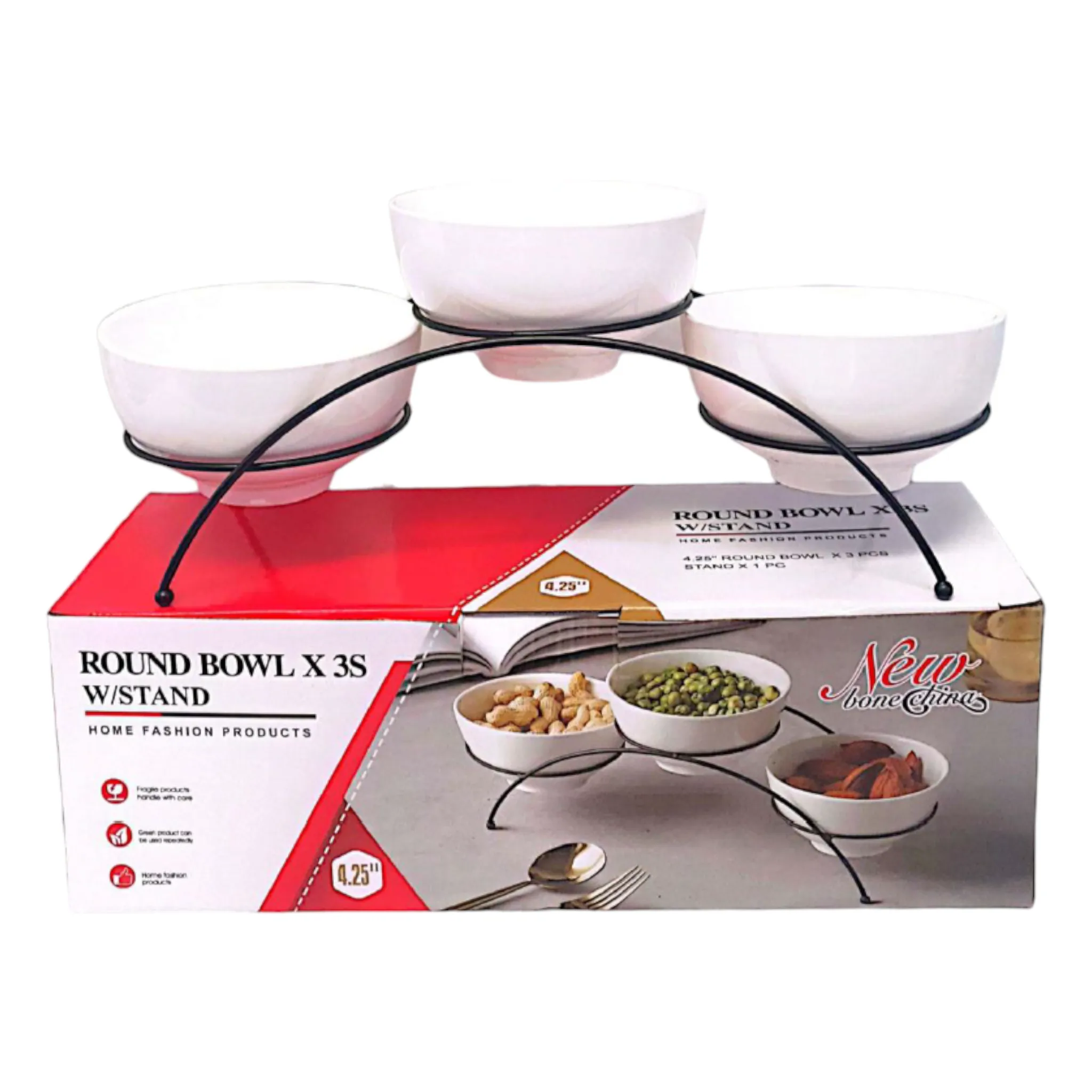 Ceramic Condiment Relish Bowls 3pc White Round on 3-Tier Serving Stand