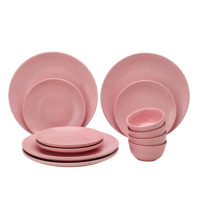 Ceramic Dinner Set | 4 Dinner Plates, 4 Small Plates & 4 Katori Bowls | Blush Pink | Set of 12