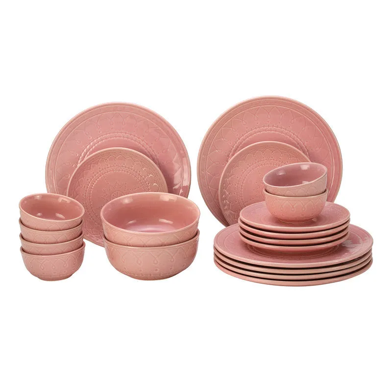 Ceramic Dinner Set | 6 Dinner Plates, 6 Small Plates, 6 Bowl & 2 Serving Bowl | Light Pink | Set of 20