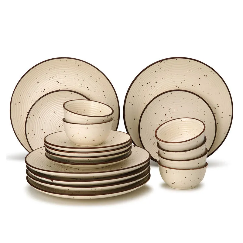 Ceramic Dinner Set | 6 Dinner Plates, 6 Small Plates & 6 Katori Bowls | Beige | Set of18