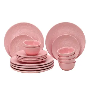 Ceramic Dinner Set | 6 Dinner Plates, 6 Small Plates & 6 Katori Bowls | Blush Pink | Set of18