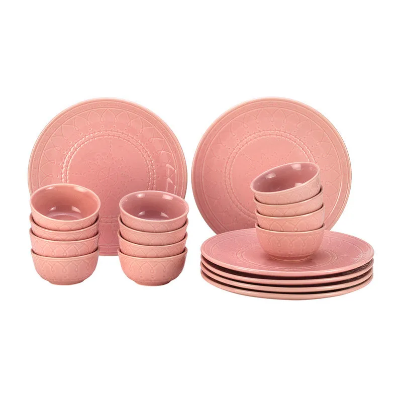 Ceramic Dinner Set | 6 Dinner Plates & 12 Bowl Katori | Light Pink | Set of 18