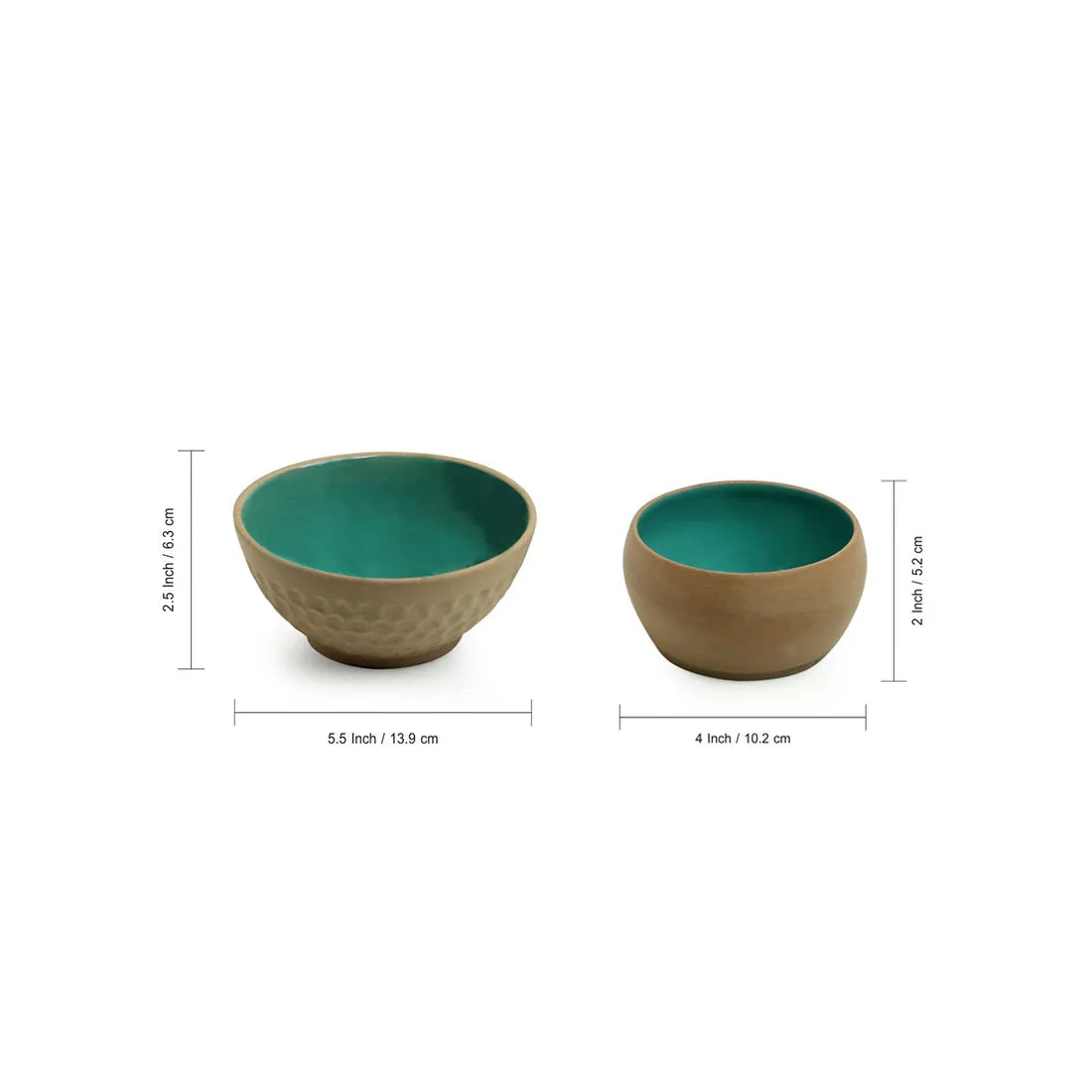 Earthen Turquoise' Hand Glazed Dinner Plates With Serving Bowls & Katoris In Ceramic (10 Pieces | Serving for 4 | Microwave Safe)