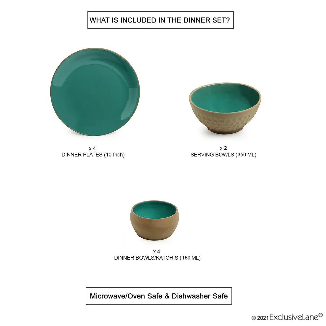 Earthen Turquoise' Hand Glazed Dinner Plates With Serving Bowls & Katoris In Ceramic (10 Pieces | Serving for 4 | Microwave Safe)