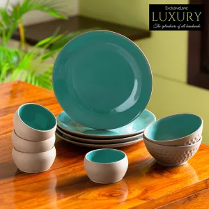 Earthen Turquoise' Hand Glazed Dinner Plates With Serving Bowls & Katoris In Ceramic (10 Pieces | Serving for 4 | Microwave Safe)