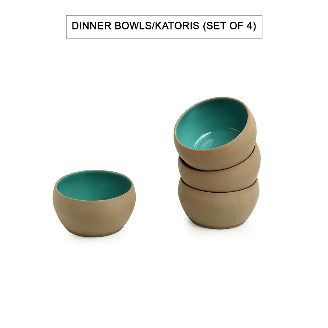 Earthen Turquoise' Hand Glazed Dinner Plates With Serving Bowls & Katoris In Ceramic (10 Pieces | Serving for 4 | Microwave Safe)