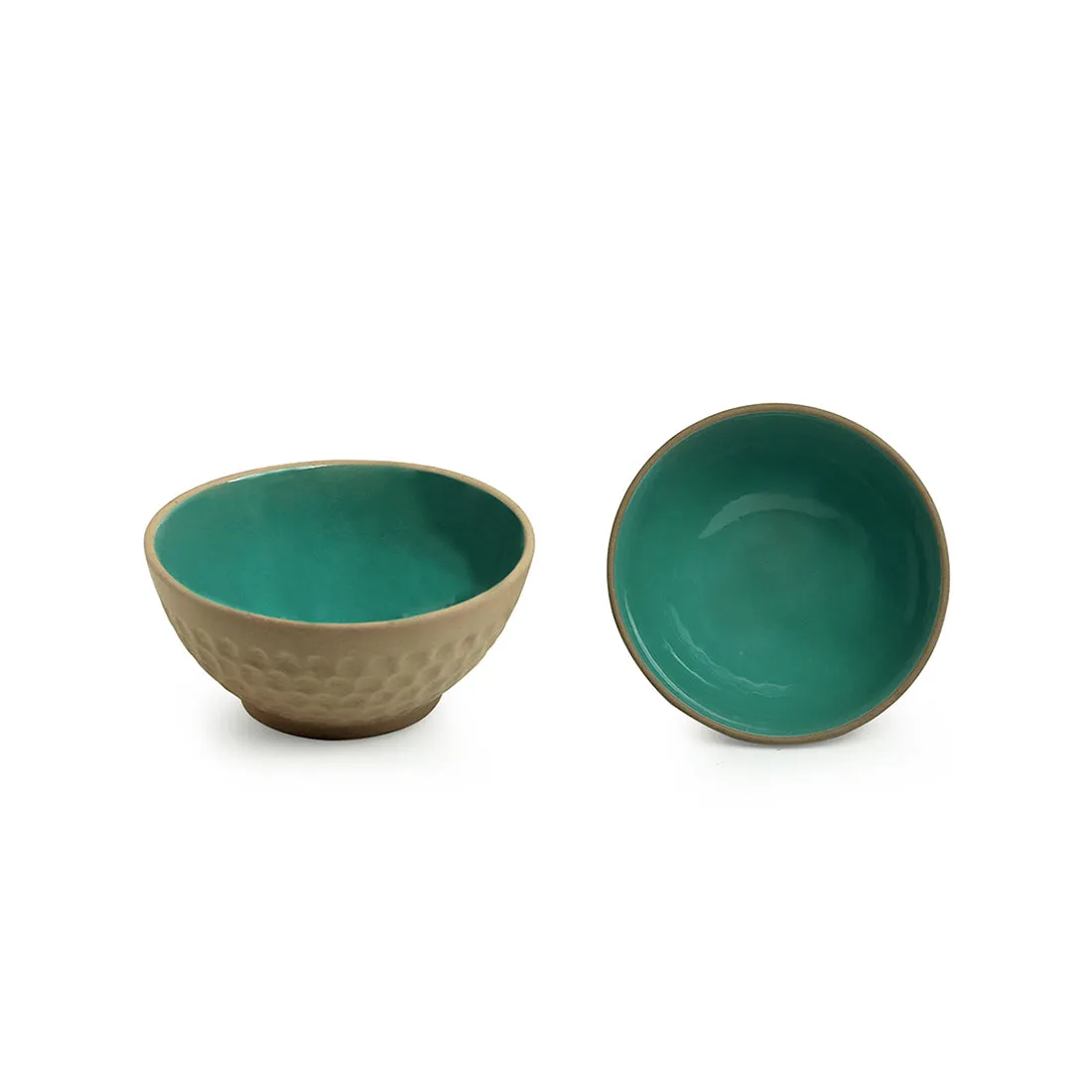 Earthen Turquoise' Hand Glazed Dinner Plates With Serving Bowls & Katoris In Ceramic (10 Pieces | Serving for 4 | Microwave Safe)