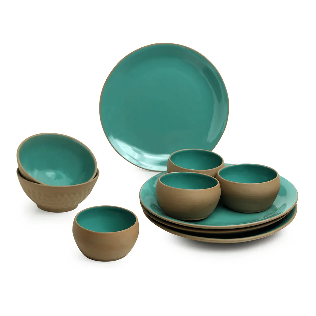 Earthen Turquoise' Hand Glazed Dinner Plates With Serving Bowls & Katoris In Ceramic (10 Pieces | Serving for 4 | Microwave Safe)