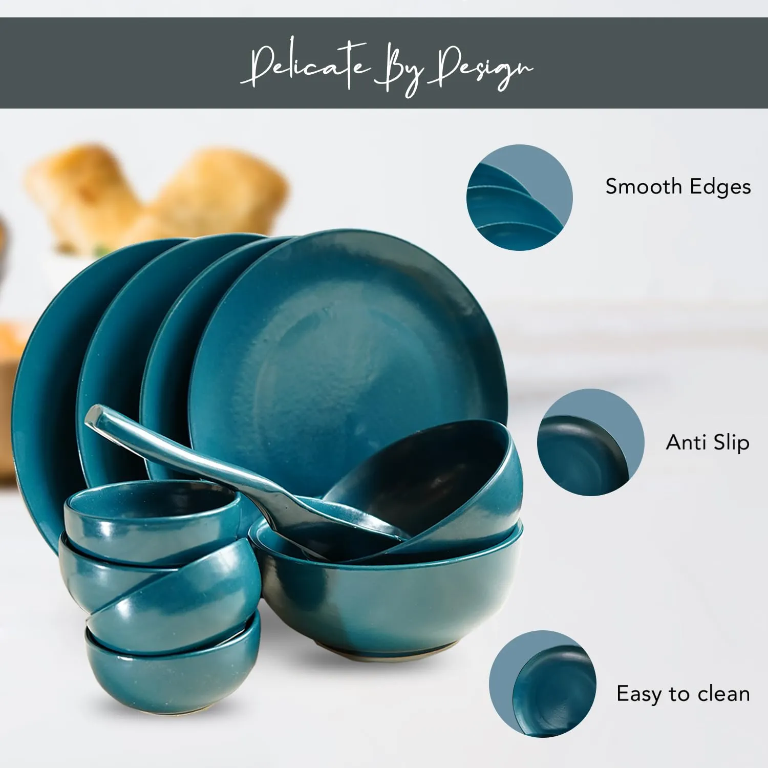 Ekhasa Ceramic Dinner Set (11 pcs, Microwave Safe, Chip Resistant, Teal, Damage-Proof Packaging) | Crockery Set Dinner Set | Ceramic Dinner Plates | Stoneware Dinner Set | Porcelain Dinner Set Gift