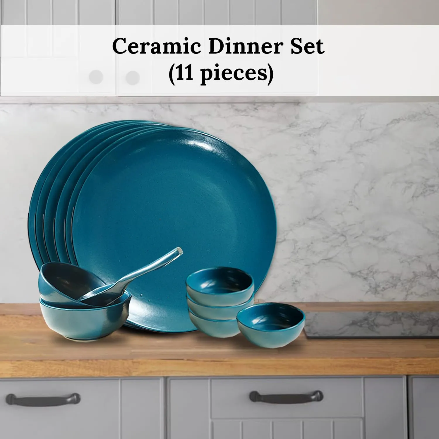 Ekhasa Ceramic Dinner Set (11 pcs, Microwave Safe, Chip Resistant, Teal, Damage-Proof Packaging) | Crockery Set Dinner Set | Ceramic Dinner Plates | Stoneware Dinner Set | Porcelain Dinner Set Gift