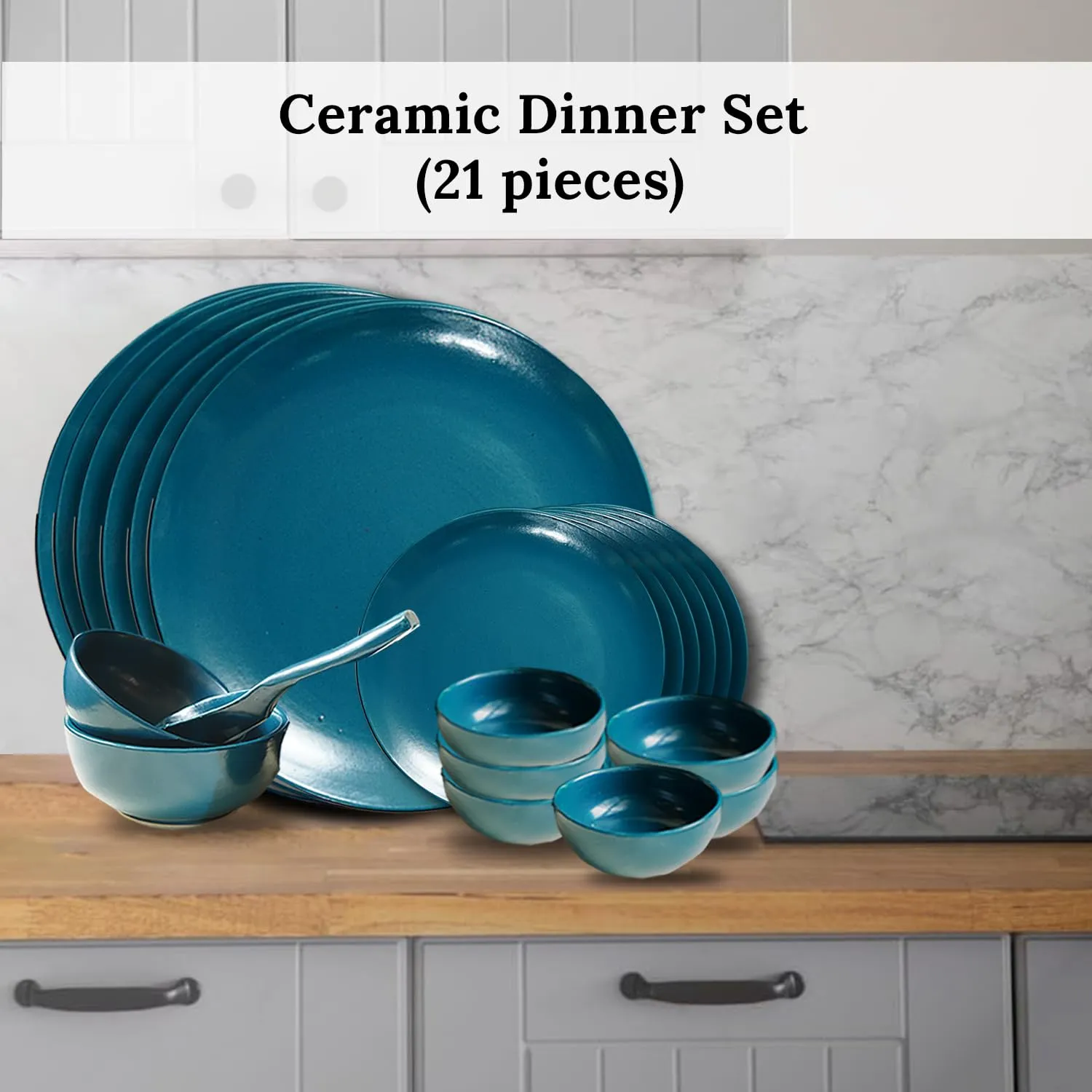 Ekhasa Ceramic Dinner Set (21 pcs, Microwave safe, Chip Resistant, Teal, Damage-Proof Packaging) | Crockery Set Dinner Set | Ceramic Dinner Plates | Stoneware Dinner Set | Porcelain Dinner Set Gift