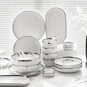 Elegant Silver-Edged Ceramic Dinner Set