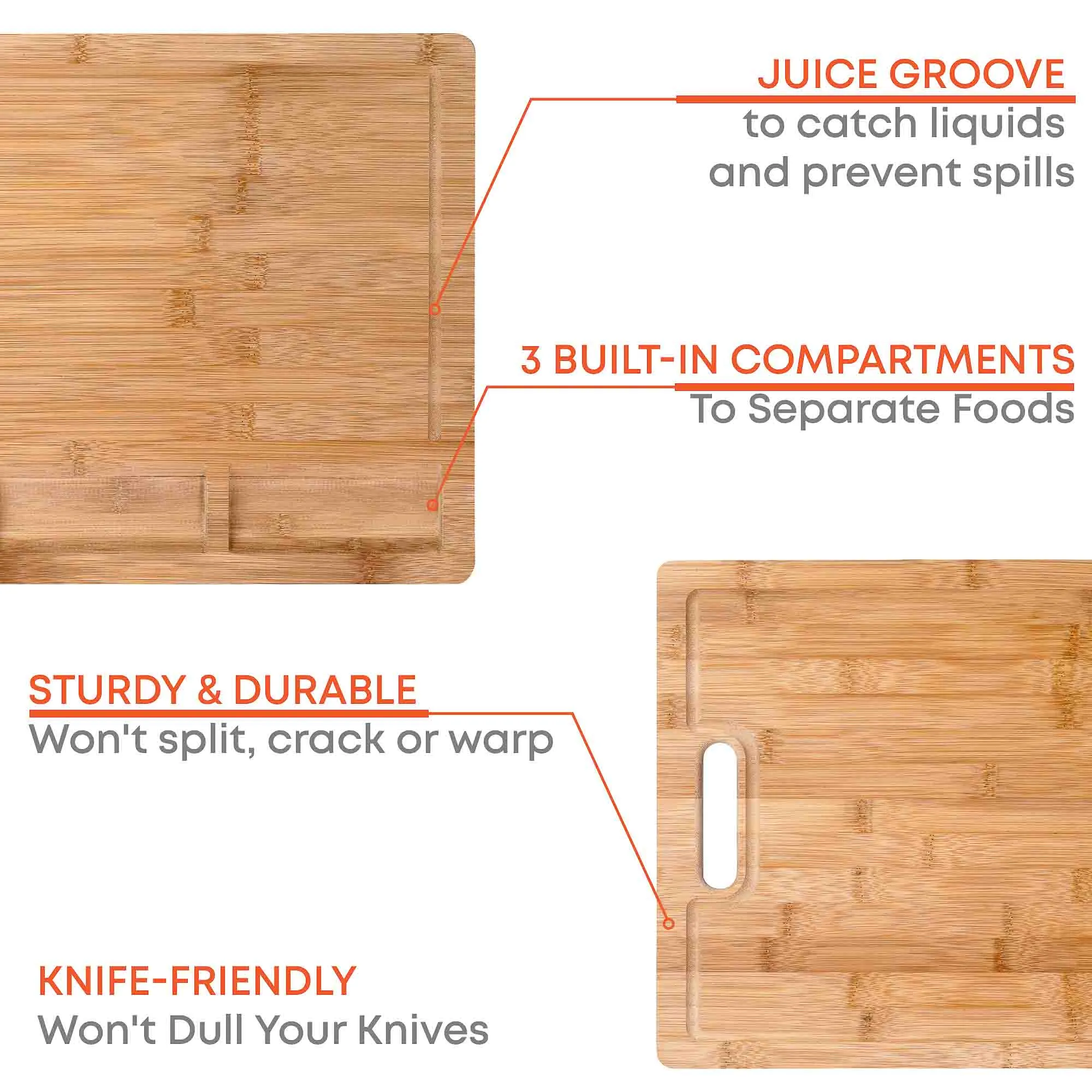 Extra Large Bamboo Cutting Board - 17x12.5 inch Wood Cutting Board for Meat, Cheese, Veggies - Wood Serving Tray with Juice Groove and 3 Compartments