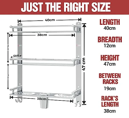 GLOXY ENTERPRISE Stainless Steel 3 Layer Multipurpose Organizer Shelf for Bathroom with Double Soap Dish and Toothbrush Holder Soap Holder Bathroom Accessories (15 x 5 x 19 inch)