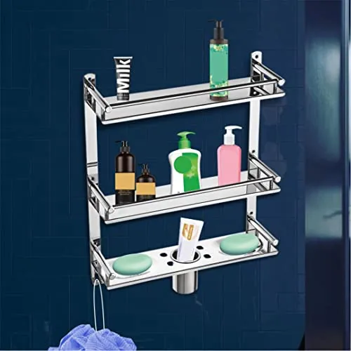 GLOXY ENTERPRISE Stainless Steel 3 Layer Multipurpose Organizer Shelf for Bathroom with Double Soap Dish and Toothbrush Holder Soap Holder Bathroom Accessories (15 x 5 x 19 inch)