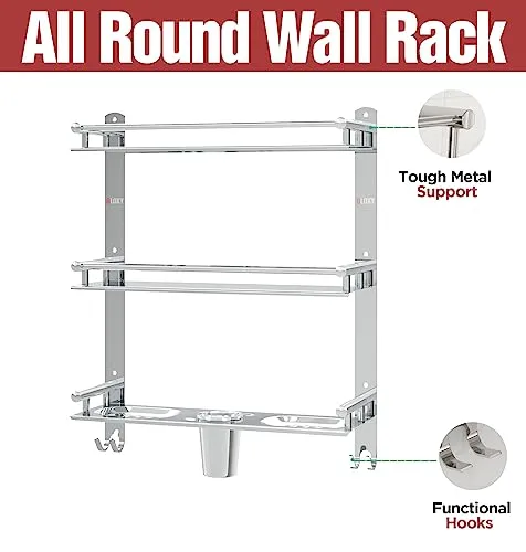 GLOXY ENTERPRISE Stainless Steel 3 Layer Multipurpose Organizer Shelf for Bathroom with Double Soap Dish and Toothbrush Holder Soap Holder Bathroom Accessories (15 x 5 x 19 inch)