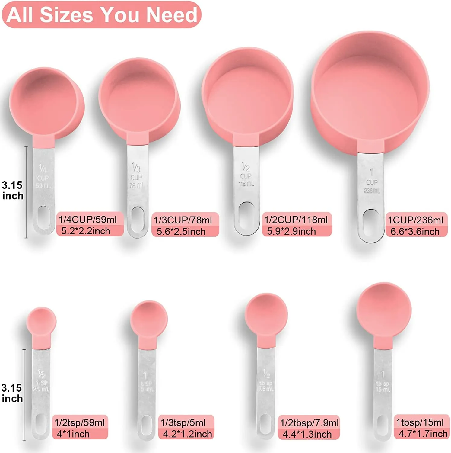 Gopendra Measuring Cups Set Measuring Spoons Set, Nesting Measure Cups with Stainless Steel Handle, for Measuring Dry and Liquid Ingredients Small Teaspoon with Plastic Head (Pink)