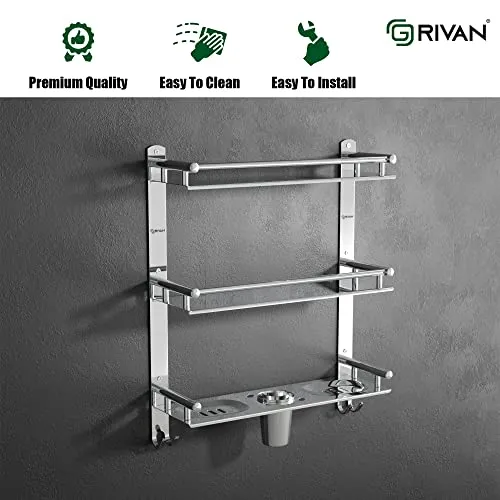 GRIVAN Stainless Steel 3 Layer/3 Tier Multipurpose Bathroom Shelf/Rack/Organizer/Stand/Holder with Double Soap Dish and Toothbrush Holder Tumbler Bathroom Accessories