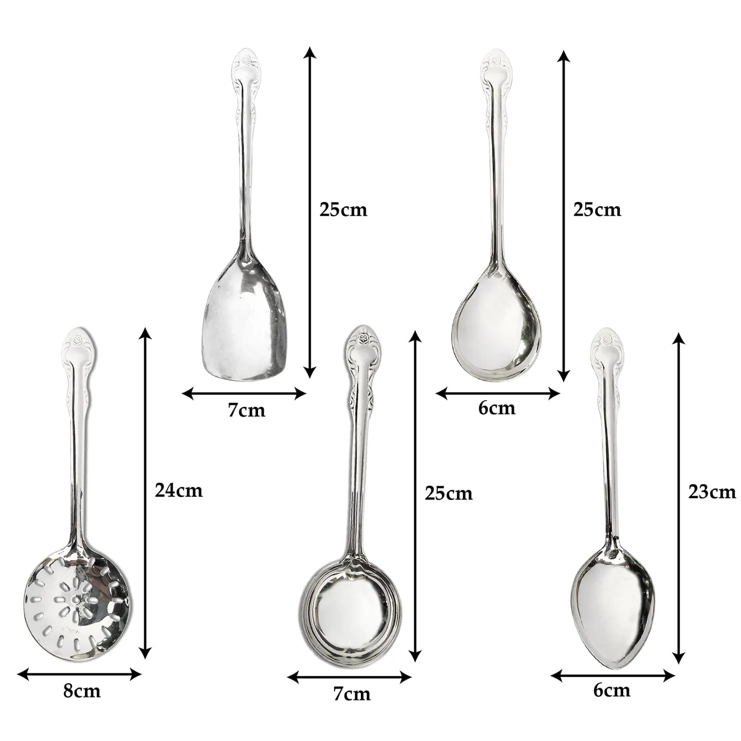 Heart Home Heavy Stainless Steel Skimmer|Serving Spoon|Wok Spatula|Solid Spoon|Ladle for Cooking, Frying, Stirring, Basting, Set of 5 (Silver)