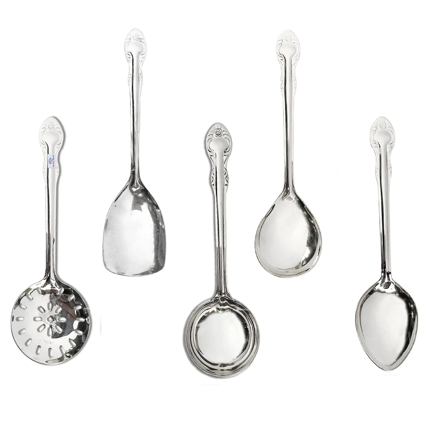 Heart Home Heavy Stainless Steel Skimmer|Serving Spoon|Wok Spatula|Solid Spoon|Ladle for Cooking, Frying, Stirring, Basting, Set of 5 (Silver)