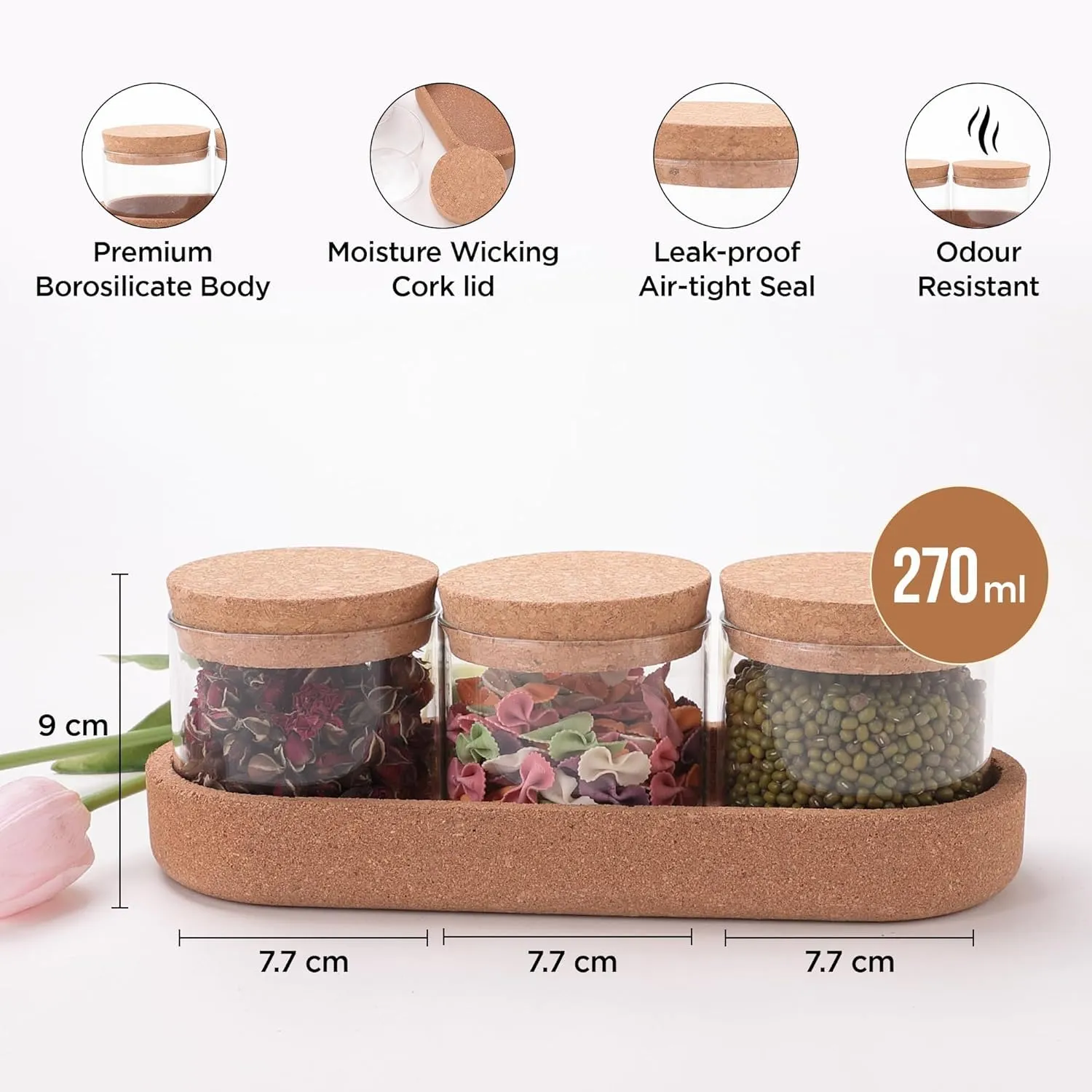 Homestic Borosilicate Glass Jars with cork lids & cork tray | 270ml | Pack of 3 | Airtight Containers with Lid | Multipurpose | Ideal for Snacks, Spices, Tea Coffee, Sugar, Dry Fruits