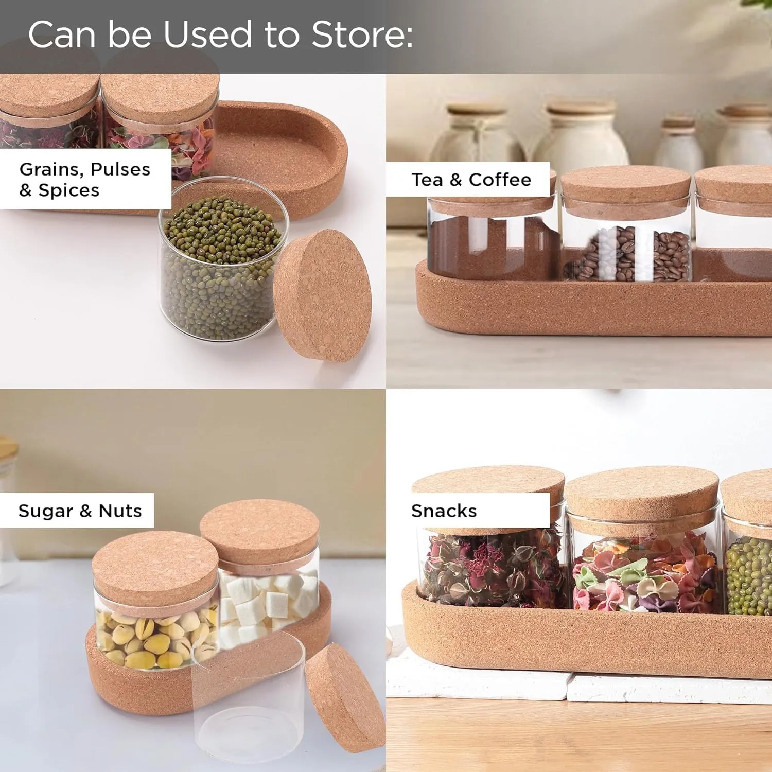 Homestic Borosilicate Glass Jars with cork lids & cork tray | 270ml | Pack of 3 | Airtight Containers with Lid | Multipurpose | Ideal for Snacks, Spices, Tea Coffee, Sugar, Dry Fruits