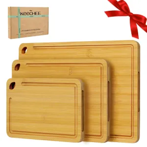 Keechee Wood Cutting Board for Kitchen - Reversible Bamboo Cutting Boards Gift Set of 3 with Juice Groove, Wooden Chopping Board for Meat, Fruit, Vegetables & Cheese (Pre Oiled, Natural)