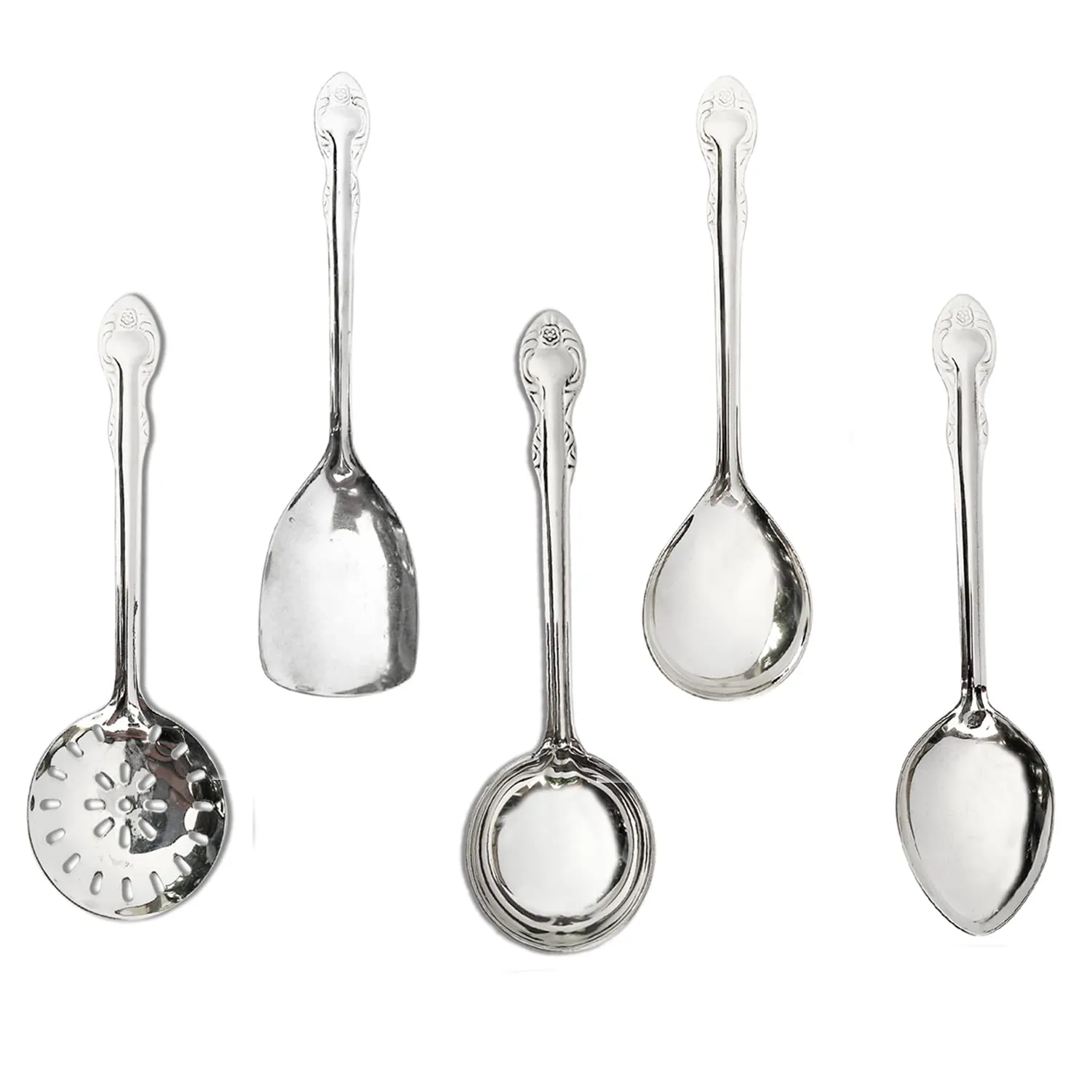 Kuber Industries Heavy Stainless Steel Skimmer|Serving Spoon|Wok Spatula|Solid Spoon|Ladle for Cooking, Frying, Stirring, Basting, Set of 5 (Silver)