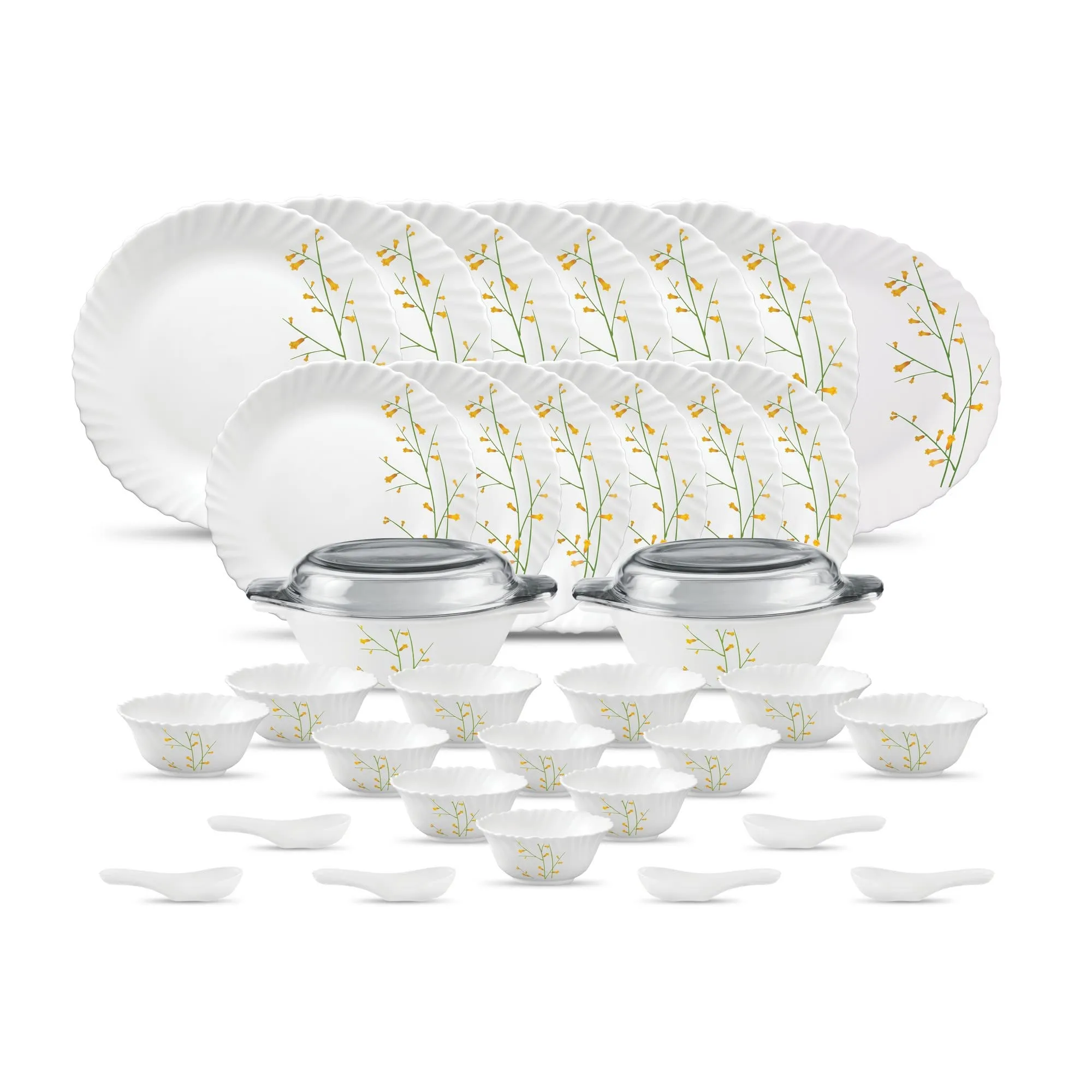 La Opala Diva Classique Collection Opal Glass Crockery | for Family of 6 | Dinner Set 35 pcs Citron Weave | Plates & Bowls for Dining | Microwave Safe | 100% Vegetarian | Extra Strong | White