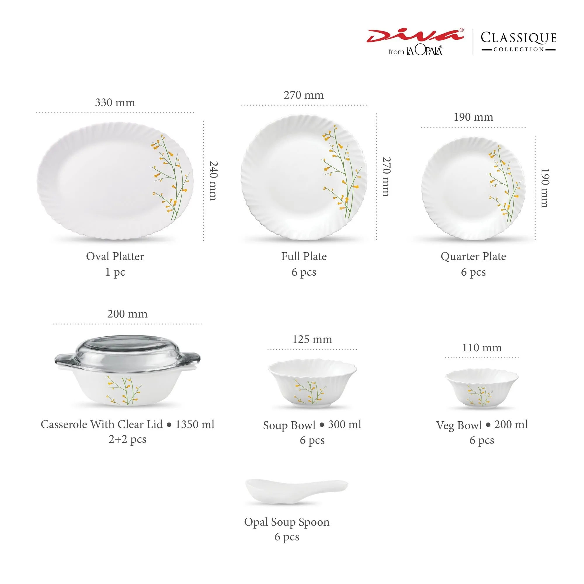 La Opala Diva Classique Collection Opal Glass Crockery | for Family of 6 | Dinner Set 35 pcs Citron Weave | Plates & Bowls for Dining | Microwave Safe | 100% Vegetarian | Extra Strong | White