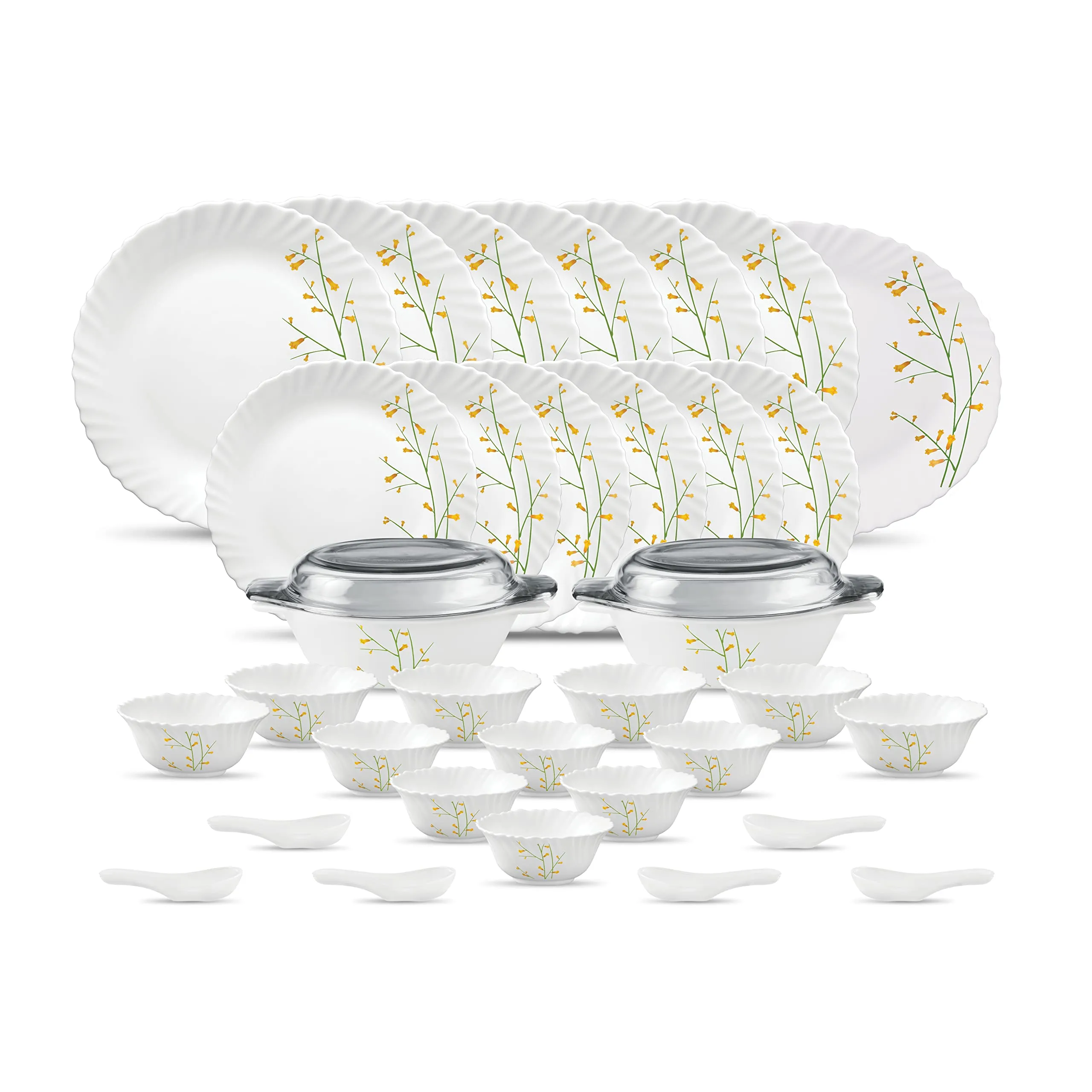 La Opala Diva Classique Collection Opal Glass Crockery | for Family of 6 | Dinner Set 35 pcs Citron Weave | Plates & Bowls for Dining | Microwave Safe | 100% Vegetarian | Extra Strong | White