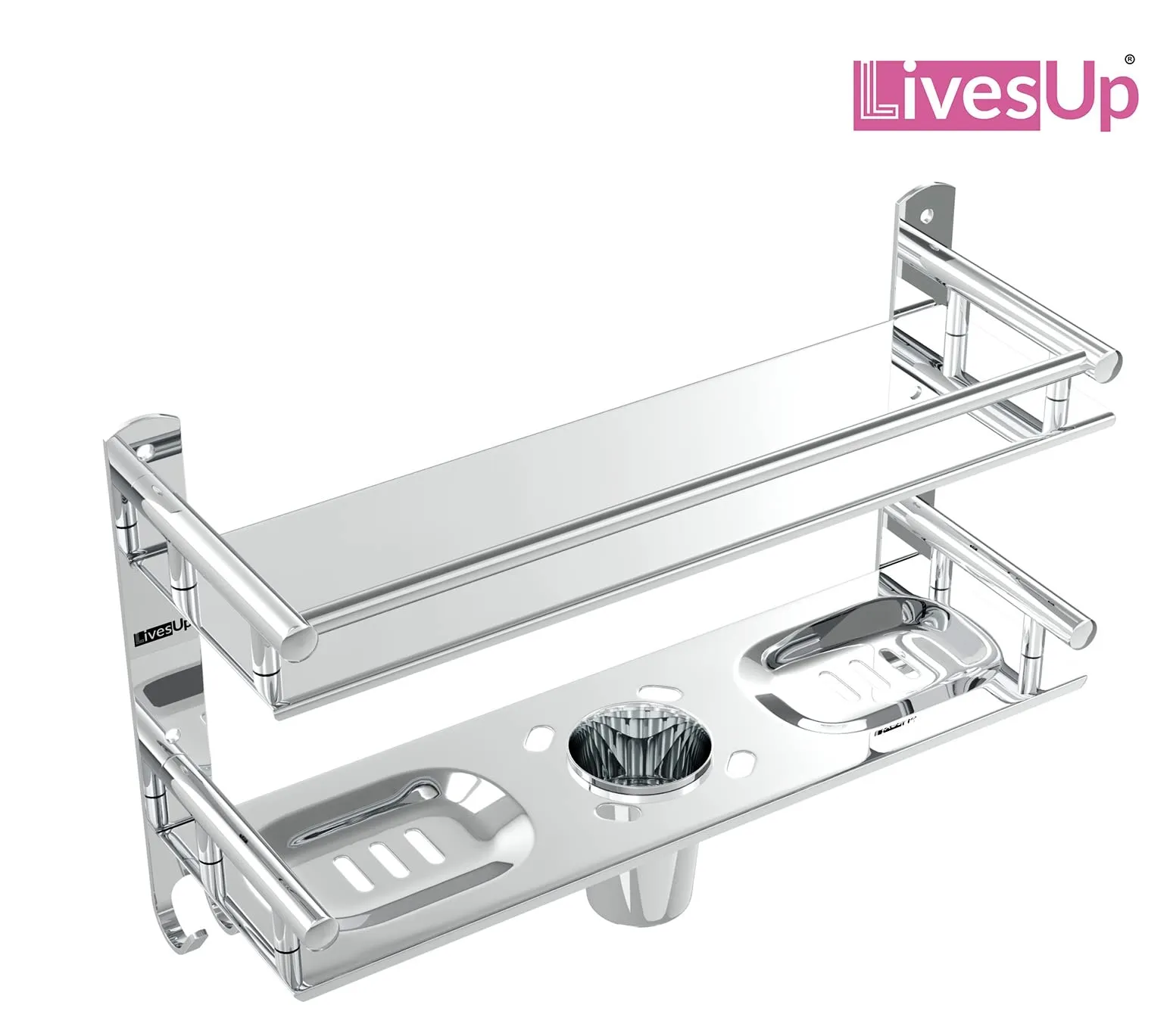 LivesUp Stainless Steel Multi-use Rack, Bathroom Shelf, Soap Stand/Tumbler Holder/Toothbrush Holder/Bathroom Stand/Bathroom Rack/Bathroom Accessories (Number of Shelves - 2, Silver)