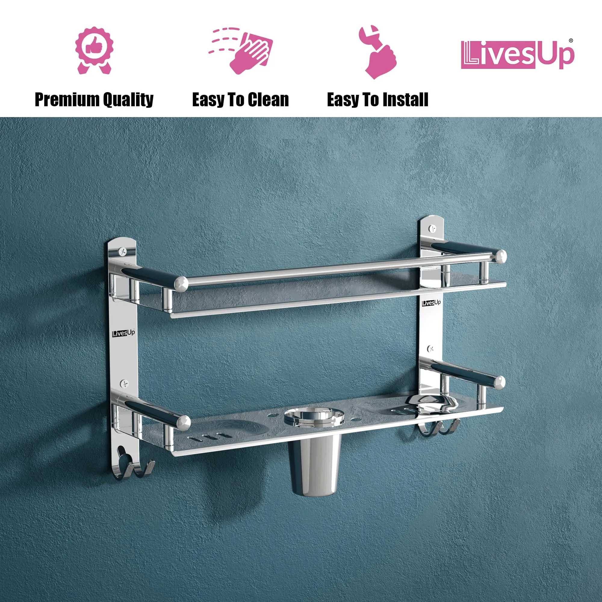 LivesUp Stainless Steel Multi-use Rack, Bathroom Shelf, Soap Stand/Tumbler Holder/Toothbrush Holder/Bathroom Stand/Bathroom Rack/Bathroom Accessories (Number of Shelves - 2, Silver)