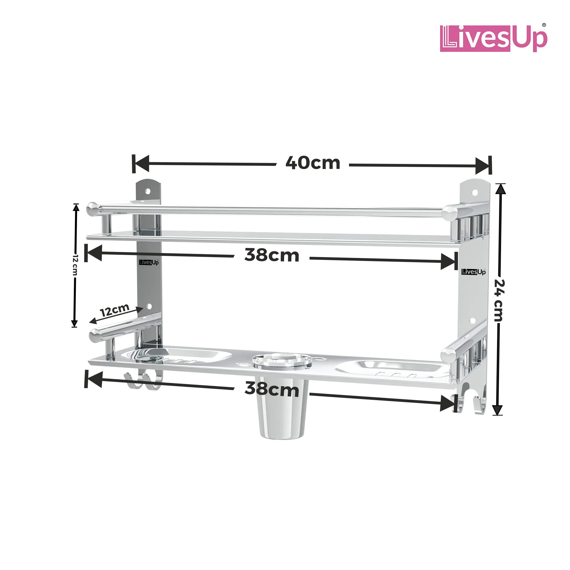 LivesUp Stainless Steel Multi-use Rack, Bathroom Shelf, Soap Stand/Tumbler Holder/Toothbrush Holder/Bathroom Stand/Bathroom Rack/Bathroom Accessories (Number of Shelves - 2, Silver)