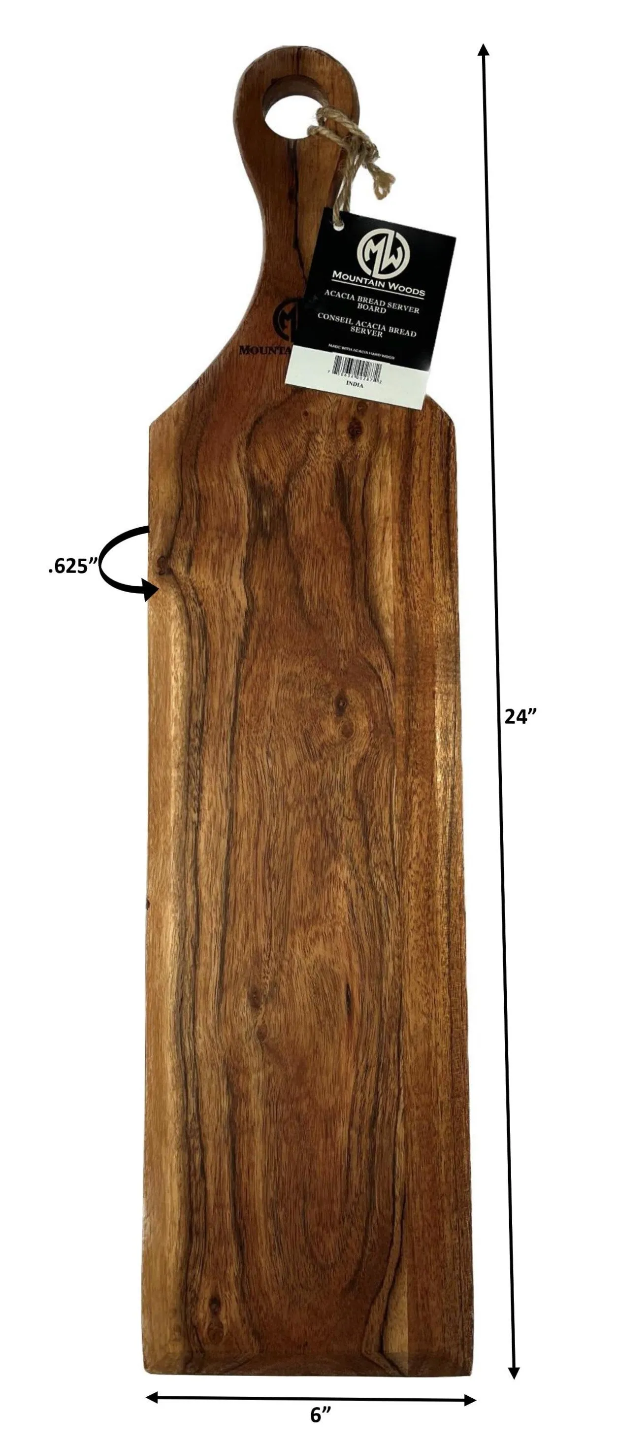 Mountain Woods Serving/Cutting Paddle Board Made With Organic Brown Acacia Wood, 24"X6"X.625"