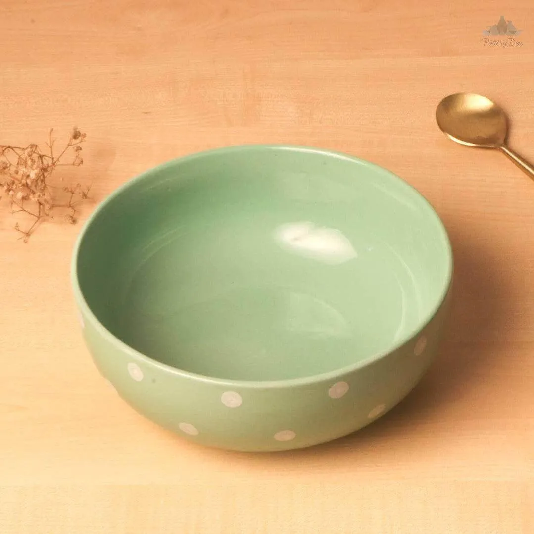 Pastel Green Polka Dots Serving Bowl | Height 7.5 cm | Diameter 19 cm | Hand Painted |  Set of 1 | Ceramic Pottery | Ideal for serving food items